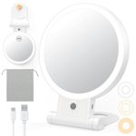 Gospire Makeup Mirror with Lights, 1x/10x Magnifying Mirror for Desk, Adjustable Handle for Tabletop Hanging Handheld, Travel Rechargeable LED Lighted Vanity Mirror with 3 Light Colors for Women