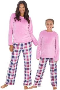 Undercover Ladies & Girls Super Soft Fleece Long Sleeve Matching Adults & Kids Pyjamas PJ Lounge Set, Pink/Blue Check, 9-10 Years