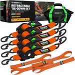 Rhino USA Retractable Ratchet Tie Down Straps (4PK) - 3,033lb Max Break Strength, Includes (4) Ultimate 2" x 10' Autoretract Tie Downs with Padded Handles