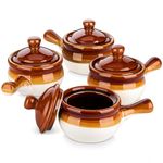 LOVECASA 16 OZ French Onion Soup Crocks with Lid,Porcelain Soup Bowls with Extended Handle,Serving Bowls for Chili, Beef Stew, Cereal, Pot Pies, Lasagna,Microwave/Oven-Safe,Set of 4