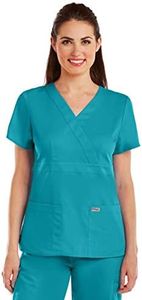 Grey's Anatomy Women's Junior Fit 3 Pocket Mock Wrap Scrub Top, Ceil Blue, Small