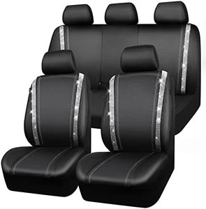 CAR PASS Bling Car Seat Covers Full Set, Shining Rhinestone Diamond Waterproof Faux Leather, Rear with Zipper, Universal Fit 95% Automotive Glitter Crystal Sparkle Strips for Cute Women Girl, Silver