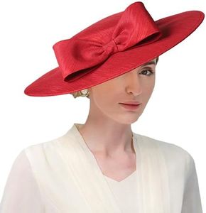 Burgundy Wide Brim Hats for Women Lady Formal Church Occasion Kentucky Cap Wedding Cocktail Tea Party Dress Flat Top Fascinator with Big Bowknot