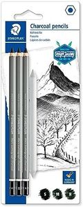 Staedtler Mars Lumograph Charcoal Pencils, Blister Pack of 3 Drawing Pencils (H, M, S) + 1 Blending Stump