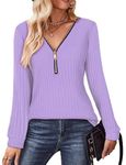 Gemulate Womens Elegant Jumper v Neck Fitted Ladies Long Sleeve Sweater Casual Striped Sweaters Pullover Sweatshirts Tshirt Light Purple L