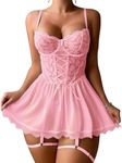 Mixxmix Womens Lingerie Dress Lace Up Corset Baby doll Nightgown Mesh Chimise Sleepwear Pink L