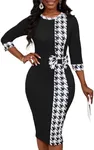 Women's 3/4 Sleeve Round Neck Casual Houndstooth Bodycon Wear to Work Pencil Sheath Midi Dresses