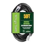 GREATIDE 50 Ft Lighted Outdoor Extension Cord - 12/3 SJTW Heavy Duty Black Extension Cable with 3 Prong Grounded Plug - 15 Amp Power Cord for Lawn, Garden, Appliances