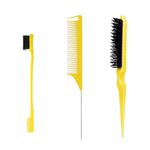 3 Pieces Hair Styling Comb Set, Double Sided Edges Brush, Teasing Hair Brush Rat Tail Comb, Plastic Bristle Hair Brush, Edge Control Brush, for Home, Hairdressers (Yellow)