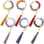 Kigeli 6 Pcs Wood Key Ring Bracelet Portable Car Keychain Holder Wristlet Keychain Wood Women Beaded Bangle Chain with Tassel, Bright Color, One Size