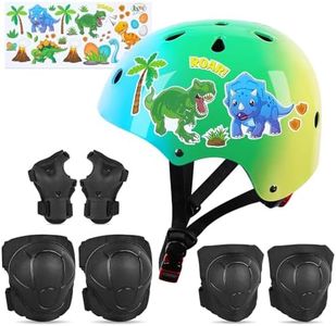 FIODAY Kids Bike Helmet Knee Pads for Kids Elbow Pads Wrist Guards with DIY Dinosaur Sticker Adjustable Protective Gear Set for Boys Girls Sports Skateboard Inline Skating Scooter, 3-5-8 Years