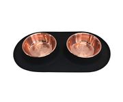 Messy Mutts Double Silicone Feeder with Copper-Colored Stainless Bowls | Non-Skid Food Dishes for Dogs for All Pets | Dog Food Bowls | Medium, 1.5 Cups Per Bowl | Black