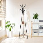 KRISHYAM®Coat Rack Freestanding Coat Stand,Coat Hanger Stand, Hall Tree with 6 Hooks and 2-Tier Shelves for Jacket,Clothes,Hat, Bag,Scarf,Umbrella (Single Rod with 2 wood Shelve-Beige, Beige)