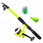 FLADEN KIDS Fishing Rod Combo - Fishing Fun Telescopic (1.8m / 6ft) Rod/Matching Reel/Line/Training Weight/Fun LED Keyring Fishing Combo - Ideal Set For Children (Green Frog) [12K-518F]