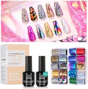Beetles Nail Foil Glue Gel 2 Bottles 15ML with 20PCS Flower Butterfly and Metal Foil Stickers Set with Beetles Nail Foil Art Kit, 20 Pcs Nail Foils Transfer with 30ml Nail Foil Glue Gel for Nails