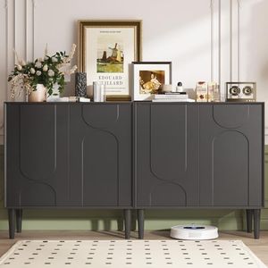 Easyego Mid Century Modern Cabinet, Sideboard Buffet Cabinets with 4 Doors, Wood Accent Storage Cabinets with Adjustable Shelves and Line Panel for Living Room, Entry Way, Dinging Room -Black Set of 2