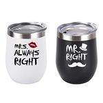 Mr. Right Mrs. Always Right Wine Tumbler Set, Wedding Engagement Gifts for Husband Wife Newlywed Couples Bride Groom Anniversary Bridal Shower, 12 Oz Stainless Steel Wine Tumbler, Black and White