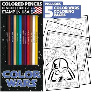 PunLabs Color Wars Parody Colored Pencil Set for Fans - 12 Star Wars-Inspired Parody Pencils with Clever Foil-Stamped Names - 5 Color Wars-Themed Coloring Pages