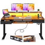 AODK Electric Standing Desk with Drawers & Keyboard Tray, 55 Inch Height Adjustable Desk with Power Outlets & LED Lights, Sit Stand Table with Monitor Stand for Home, Office, Rustic Brown