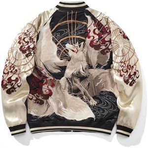 Sukajack Nine-Tailed Fox Embroidered Bomber Jacket Vintage Japanese Streetwear Satin Spring Fall Windbreaker Coat for Women Men