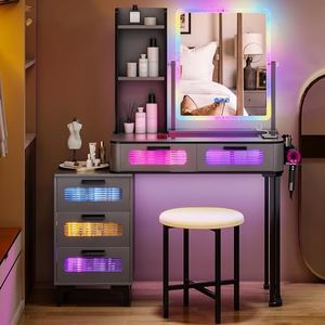 Gurexl RGB Makeup Vanity Table with Wireless Charging Station, LED Vanity Make up with USB Ports, 7 Dynamic and 7 Static Dimmable Vanity Table Set with 5 Drawers