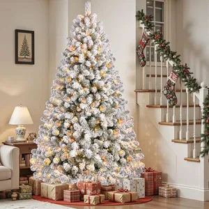 SHareconn 7.5ft Prelit Snow Flocked Spruce Artificial Christmas Tree with 350 Incandescent Warm White Lights, Foldable Stand, Snow Flocked Full Prelighted Xmas Tree W/1170 Branch Tips, 7.5 FT, White