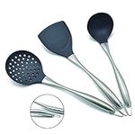 Wok Spatula Set,Kitchen Utensil Set,3 Pieces Silicone Stainless Kitchen Cooking Tools,Includes Flexible Silicone Wok Spatula,Spoon,Slotted Spoon(Grey)