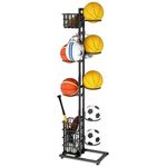 NUODWELL Ball Storage Rack, Sports Equipment Organiser with Basket and Hooks, Free Standing Basketball Rack Metal Sports Gear Storage for Garage Home Football Volleyball (Black)