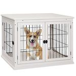 PawHut 26'' Wooden Decorative Dog Cage Pet Crate Kennel with Double Door Entrance & a Simple Modern Design, White