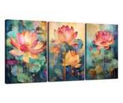 HJY Art Lotus Flower Wall Art Picture for Living Room Bedroom Bathroom Office Dining room Canvas Flowers Wall Decor Colorful Print Paintings Abstract Modern Framed Artwork (12x16 Inch x 3PCS)