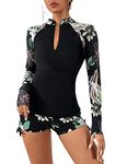 Womens 2 Piece Swimsuits Tankini UPF 50+ Rash Guard Floral Long Sleeve Zipper Swim Shirt, 1, XL