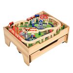 GYMAX Children Train Track Set, Kids Train Play Table with Drawer on Wheels & Abundant Accessories, Wooden Train Playset for Living Room, Bedroom (100PCS, 78 x 63 x 33 cm)