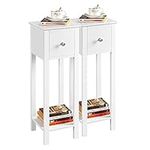 Yaheetech White Slim Bedside Table Set of 2, Narrow Wooden Nightstand with Drawer & Shelf, Tall Telephone Table Hallway Side Table, 25x25x70cm