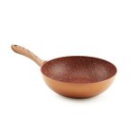 JML Copper Stone Wok Non Stick - Durable 28cm Stainless Steel Wok with Aluminium Core, Suitable for Gas, Induction, Electric and Ceramic Hobs - Dynamic Heat Distribution and Wood-Effect Handle