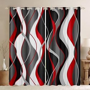 Manfei Modern Abstract Blackout Curtain Red and Grey Wave Stripe Print Window Drapes for Kids Boys Teens, Black and White Window Treatments Grommet Top 2 Panel Set Bedroom Curtains, 38Wx45L inch