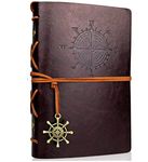 RIANZ Leather Writing Journal Notebook, Vintage Nautical Compass Spiral Blank String Daily Notepad Sketchbook Travel to Write in, Unlined Paper, Retro Pendants, Classic Embossed (Coffee Brown)