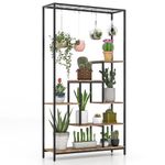 TANGZON 6-Tier Plant Stand, 180CM Tall Large Ladder Plant Shelf with Top Mesh Shelf & 10 Hooks, Metal Frame Indoor Creative Tiered Flower Pot Rack for Living Room Balcony Office (Black+Rustic Brown)