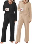 Ekouaer 2 Pack：Womens Ribbed Knit Pajama Set Long Sleeve PJs V Neck Soft Loungewear Loose Matching Outfits Set Black and Khaki XL