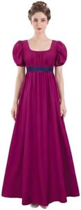 HEQU Regency Dresses for Women with Satin Sash Ruffle Empire Waist Dress Gown(L Purple)