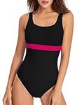 HAIVIDO Women's Athletic One Piece Swimsuits Racing Training Sports Bathing Suit Color Block Swimwear Black and Pink L