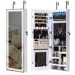 Tektalk Led Lights Jewelry Cabinet with Full Length Mirror, Wall/Door Mounted Jewelry Armoire Organizer with 3 Color Outside Lights & Interior 6 LEDs Light, Jewelry Stand, Jewelry Box (White)