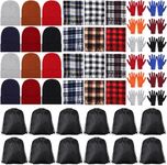 Vicenpal 48 Pcs Winter Homeless Care Package Supplies Bulk Warm Beanies Hats Thermal Scarves Knit Gloves Drawstring Bags(Bright Colors)