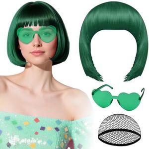 PLULON Dark Green Bob Wig with Heart Sunglasses and Hair Cap, Colorful Short Bob Wigs Synthetic Party Wigs Funny Cosplay Hairpieces for Women Men Neon Bachelorette Halloween Costume Party Decorations