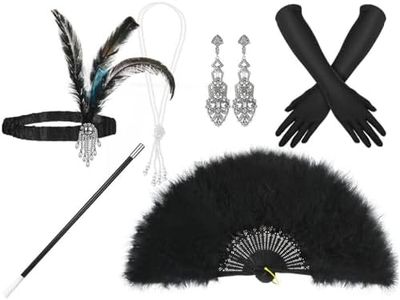 WOTOW 20s Accessories for Women - Roaring 20s Costumes Great Gatsby Accessories with Feather Headband Pearl Necklace Elegant Gloves Vintage Earrings Black Feather Fan for Party, 6PCS