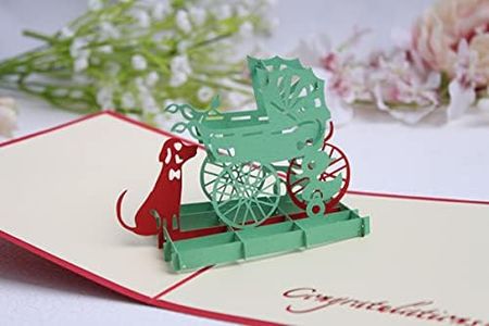 KUNSTIFY - Biglietto tridimensionale pop-up 3D, per nascita, amica, uomo, donna, papà, mamma, congratulazioni, per genitori, neonati, ciuccio (passeggino verde)