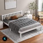 ALFORDSON King Bed Frame Wooden Bed Base with Solid Wood Pine Timber Slats, Mattress Base Platform with Storage Space, White Bed Foundation with High Headboard, Fenella Series Bedroom Furniture