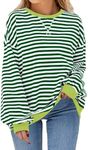 iChunhua Oversized Jumpers for Women Uk Crew Neck Striped Pullover Bright Tops Trendy Neon Sweatshirt Green White 2XL