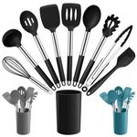 Joyfair Kitchen Utensils Set, 10 Pcs Silicone Cooking Utensils Set with Stainless Steel Handle, Heat Resistant Cooking Tools Spatula Turner Spoon Set with Holder, Dishwasher Safe & Non Scratch, Black