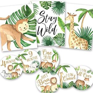 Hadley Designs 6 Reversible Safari Wall Decor Prints Nursery Decor, 20 Monthly Baby Milestone Stickers, Baby Shower Decorations, Baby Monthly Milestone Stickers for Baby