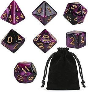 GWHOLE 7 PCS Polyhedral Dice Set Dungeons and Dragons Table Game Dice for D&D, DND, GRP with Black Pouch, Purple & Black